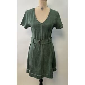 NEW Retro Faux Suede Dress Mini Green Belted V-Neck Large GOGO MOD Fairy Hippie